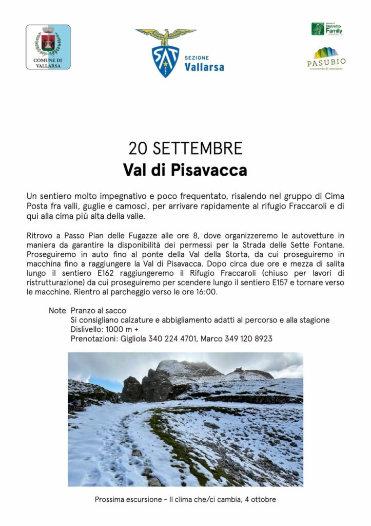 domenica 20 settembre
ore 8.00
Passo Pian delle Fugazze