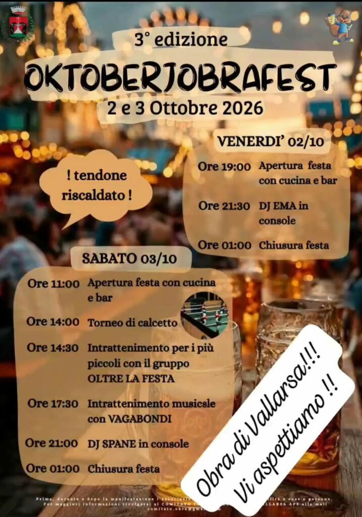venerdì 2 e sabato 3 ottobre
Obra